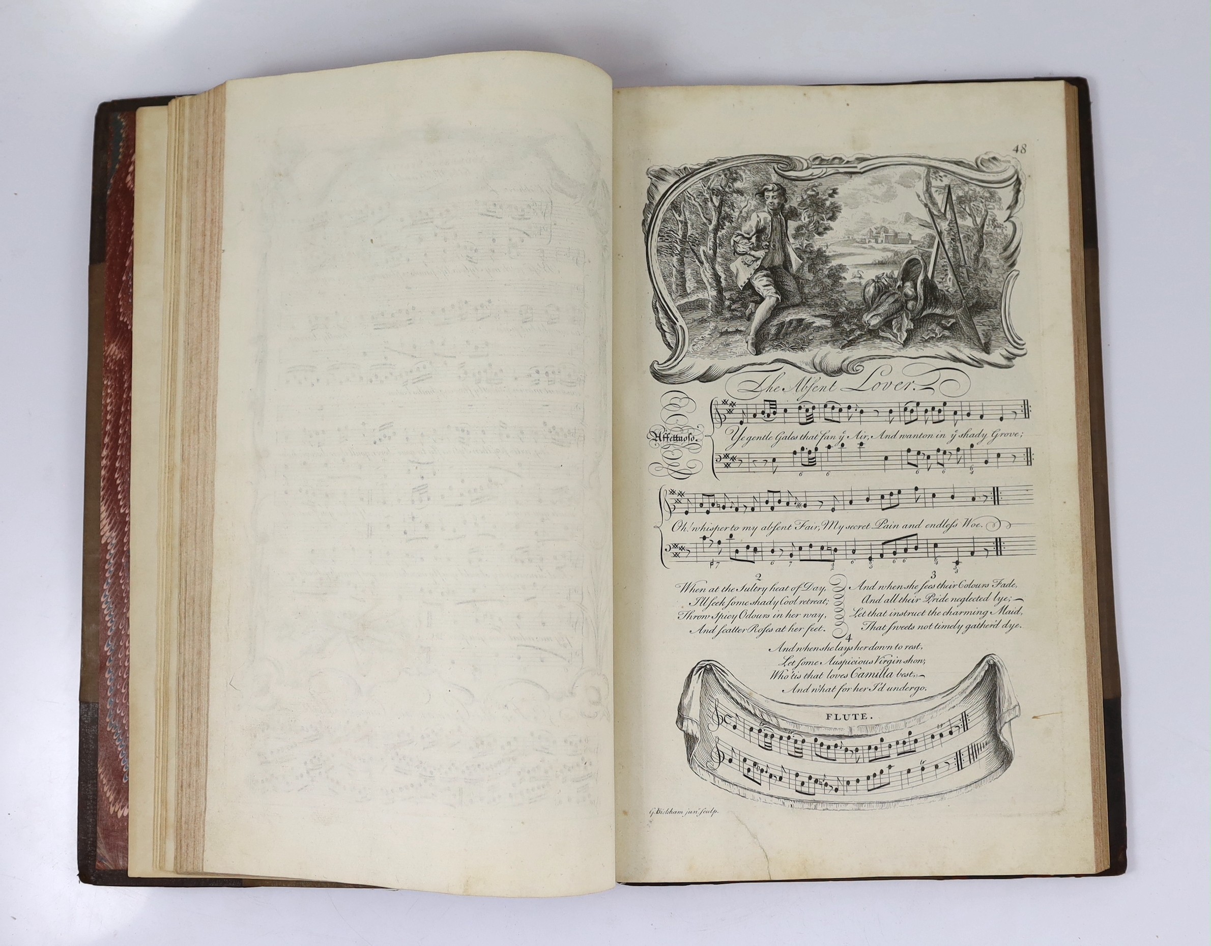 (Bickham, George - The Musical Entertainer). vol. 1 (only, of 2), without title and prelims. 99 (ex.100) engraved leaves of songs (words and music) with pictorial and decorative vignette at head of each; rebound 19th cen